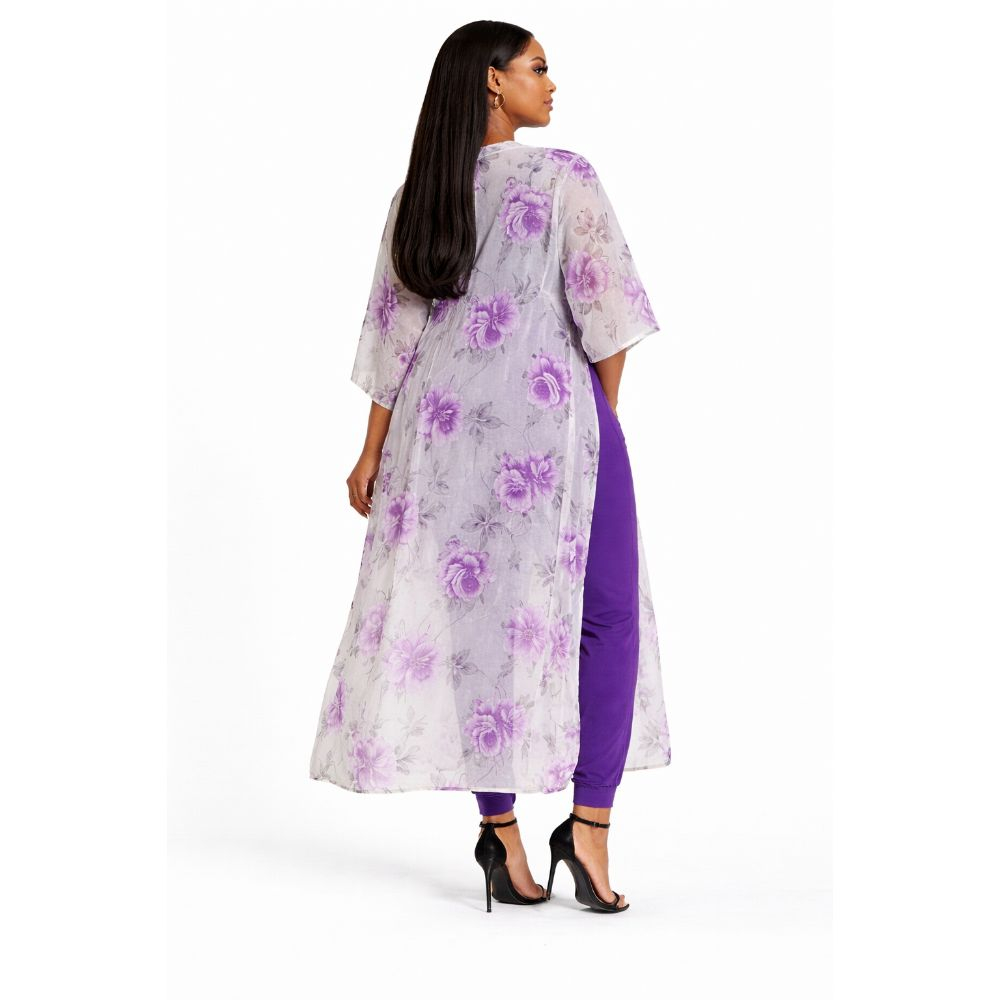 Purple Sleeveless Jumpsuit with Floral Kimono Overlay